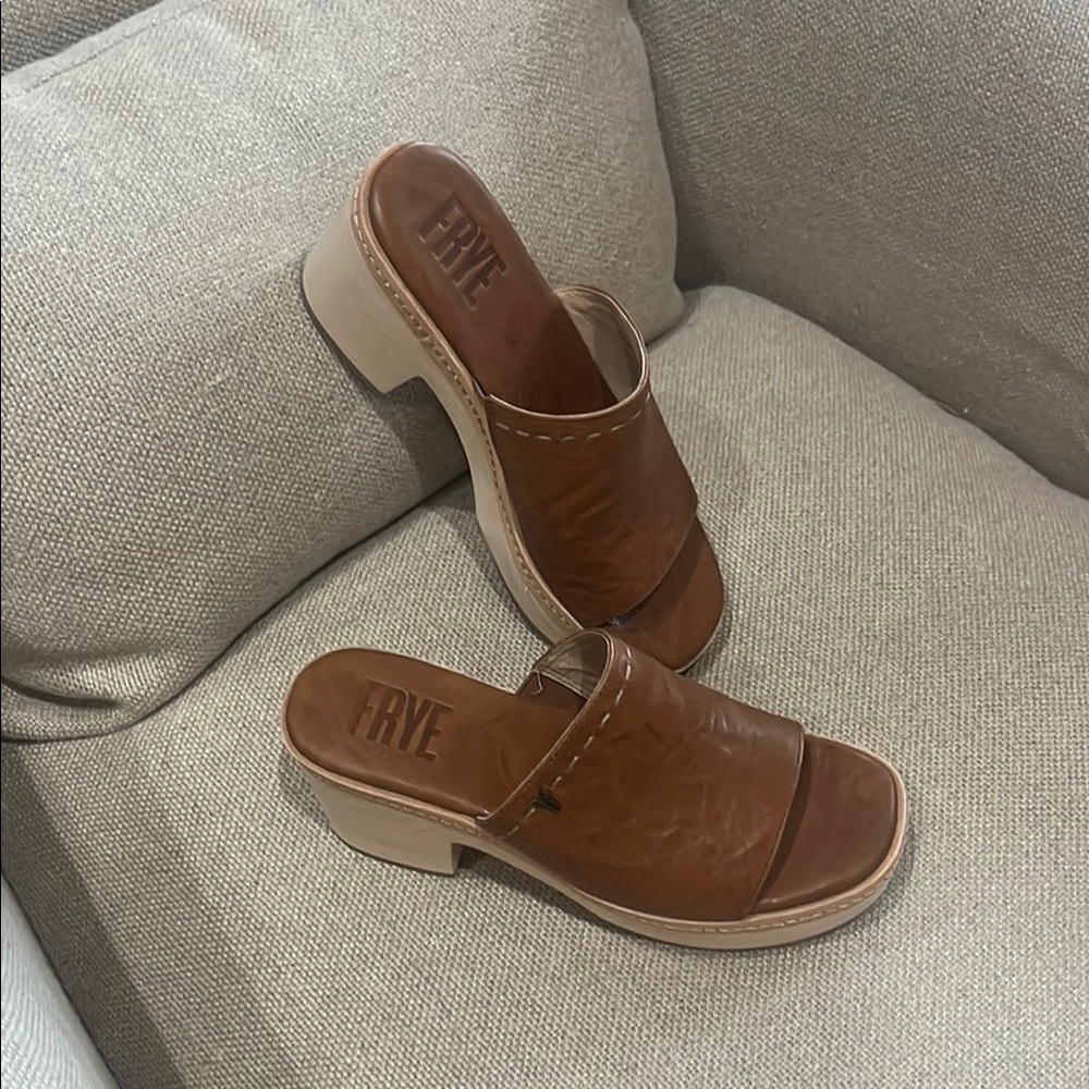 Frye Brown Leather Mules with Chunky Sole New